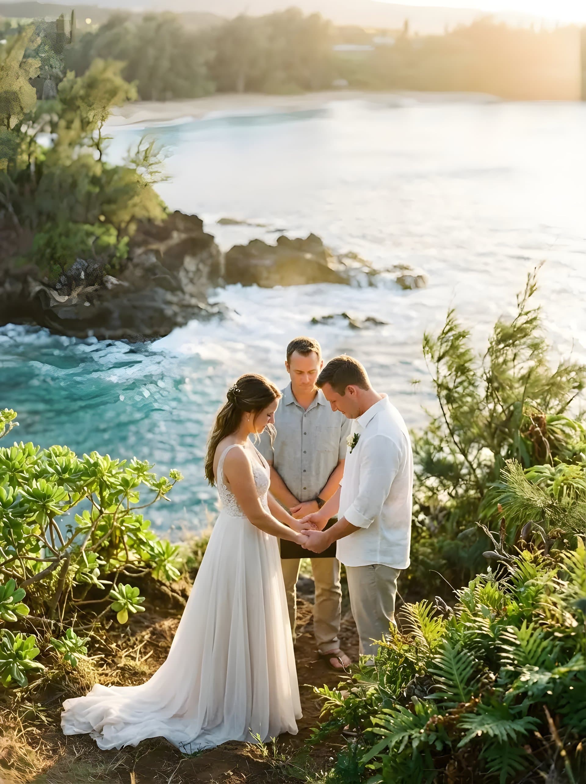 Emma and James exchanging vows on the coastal cliff
