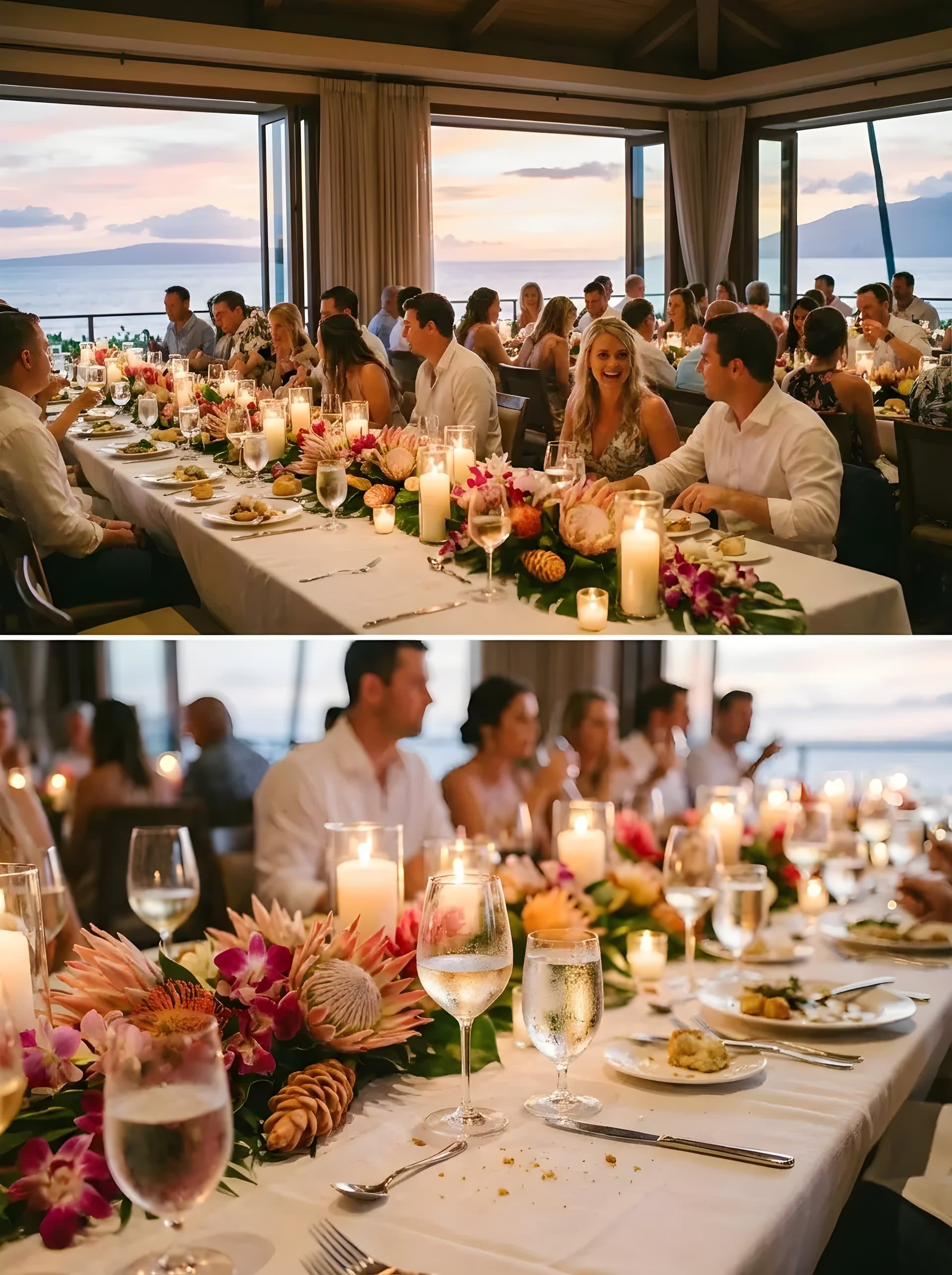 Oceanfront dining room setup at Merriman's Kapalua