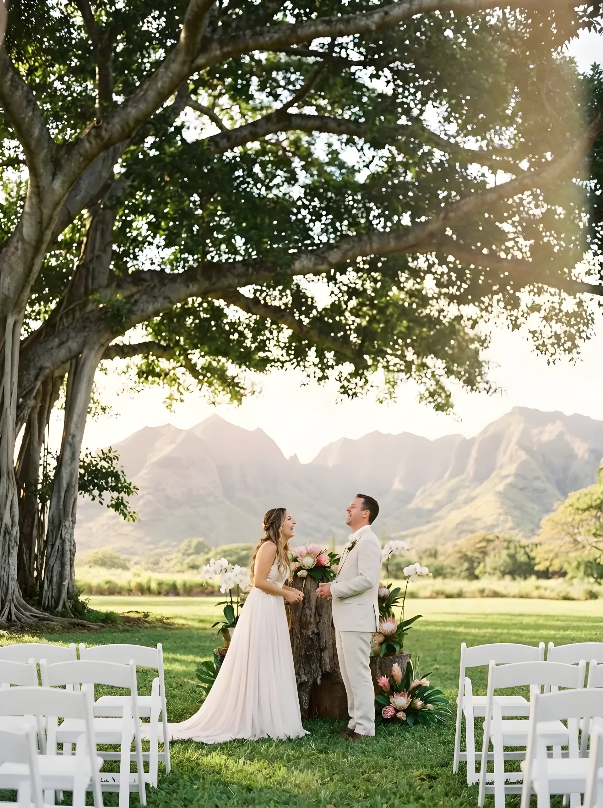 Great Lawn ceremony beneath palm trees at Olowalu Plantation House