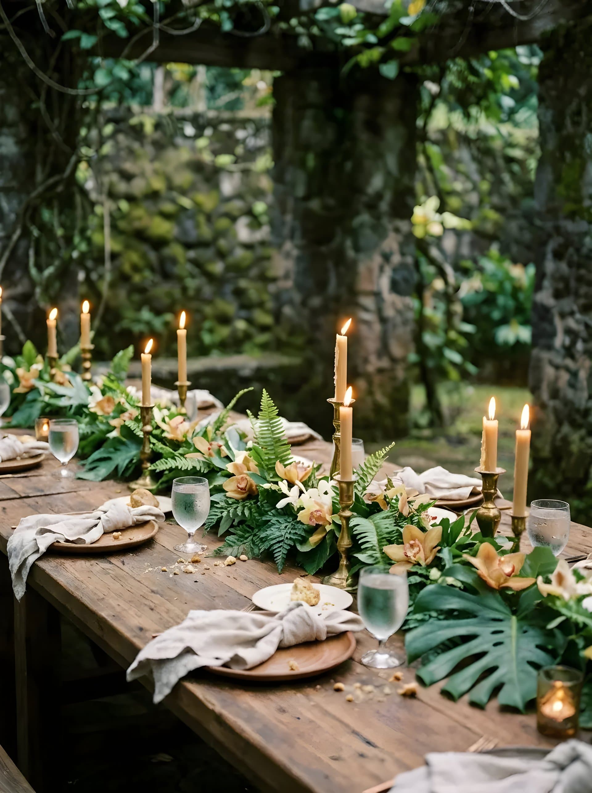 Farm table reception with tropical garlands