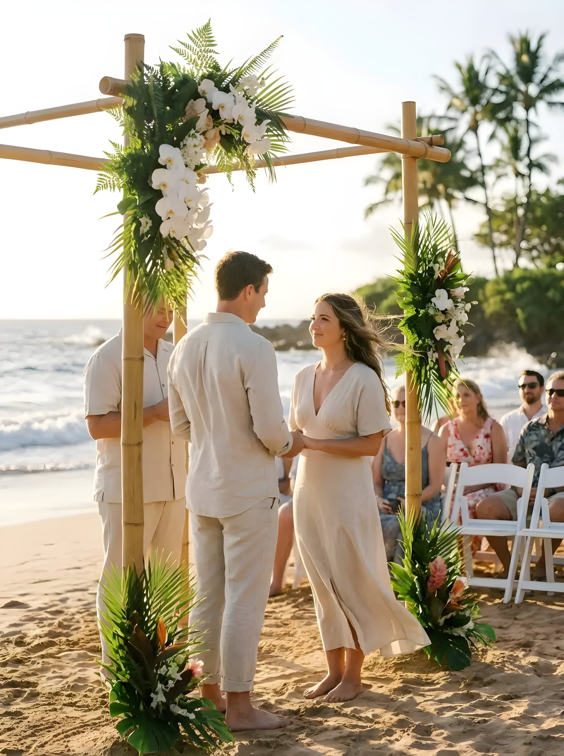 Beach wedding ceremony at Makena Beach with ocean backdrop