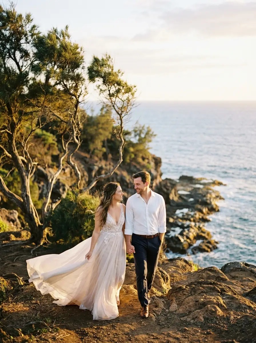 Wedding couple in bamboo forest on Pipiwai Trail Hana Maui with light shafts