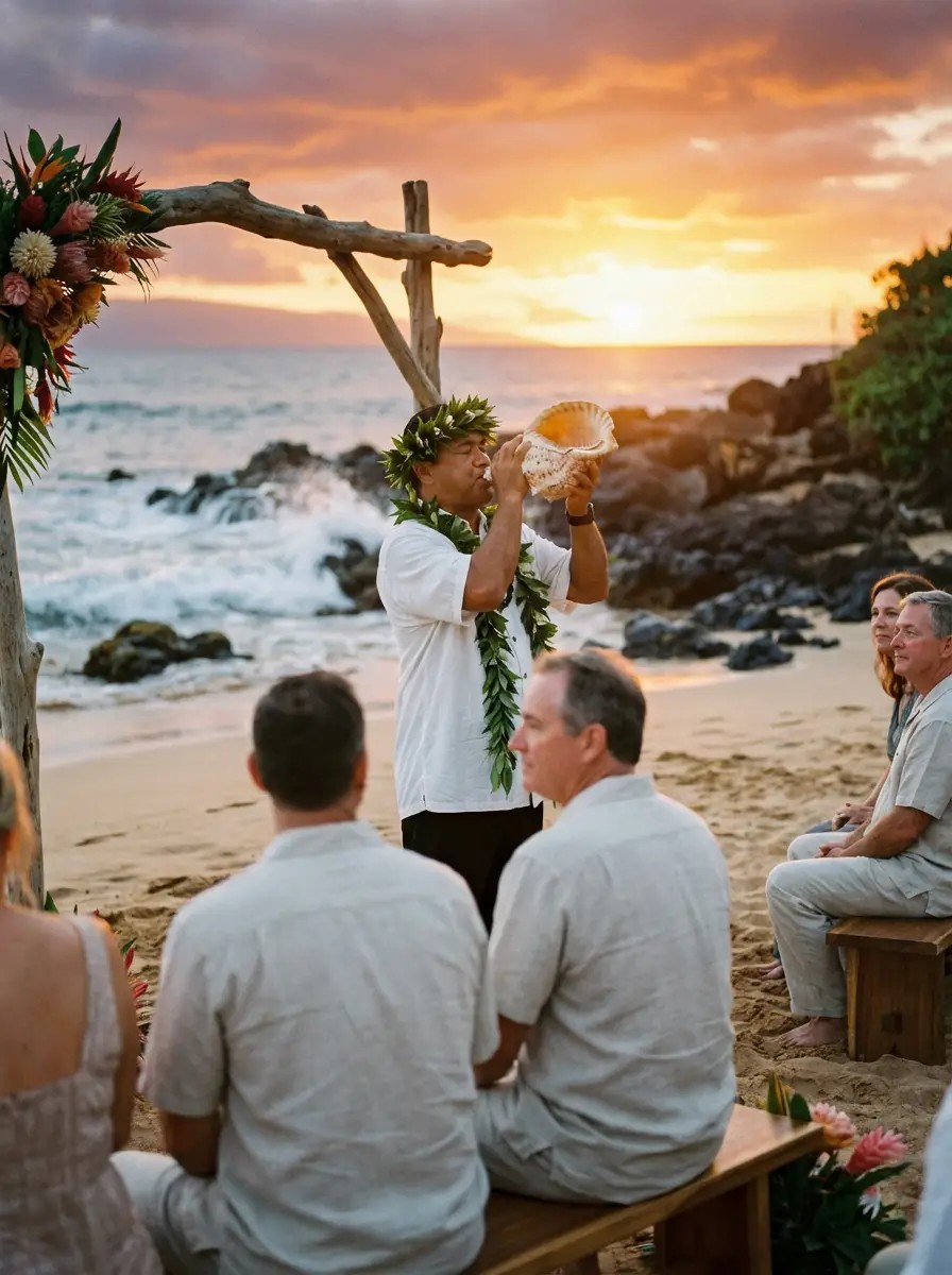 Hawaiian officiant blowing conch shell pu to open wedding ceremony on Maui beach at sunset