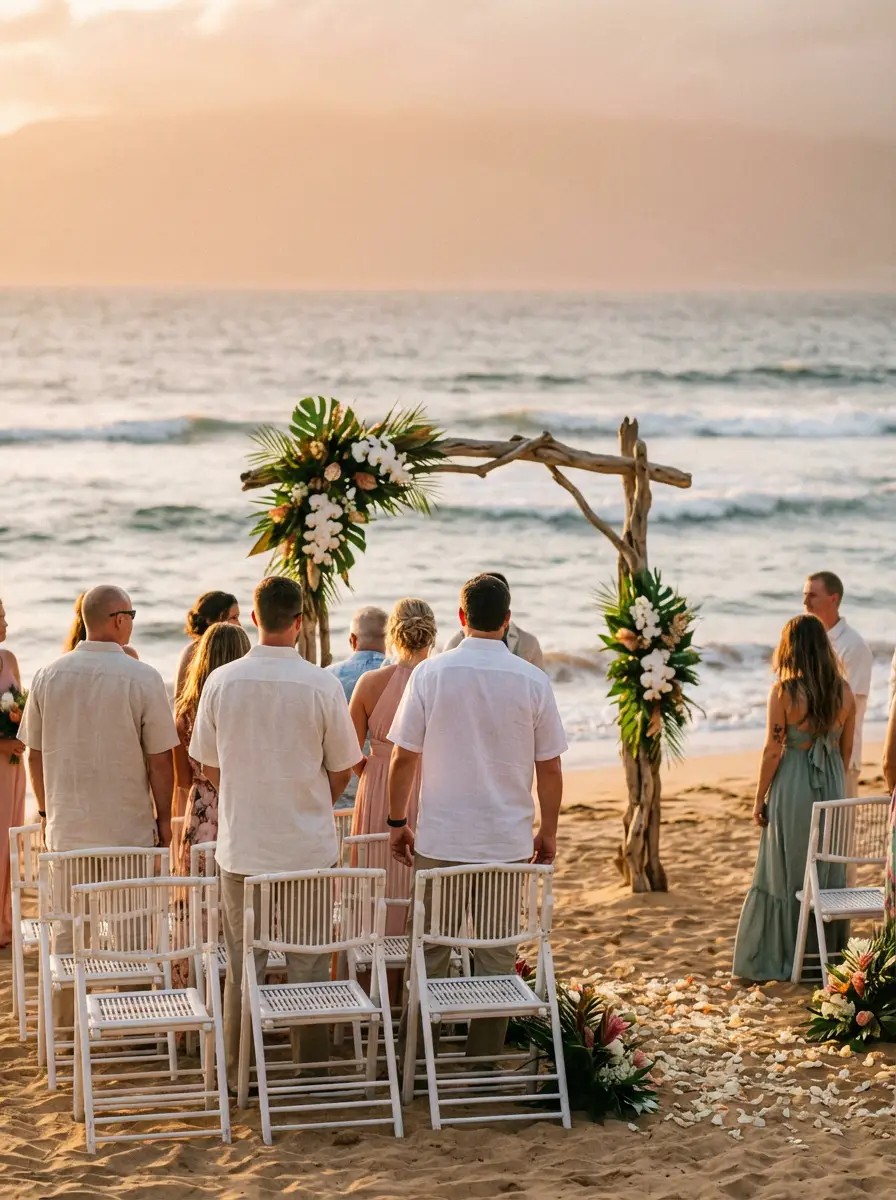 Maui beach wedding ceremony setup with bamboo chairs and floral aisle on golden sand