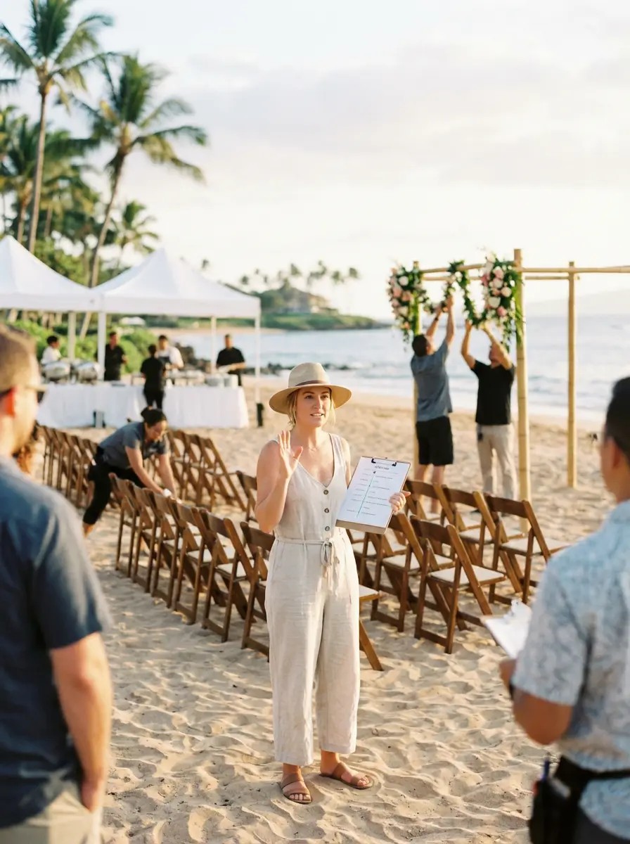 Full-service wedding planner coordinating ceremony setup at beachfront Maui venue