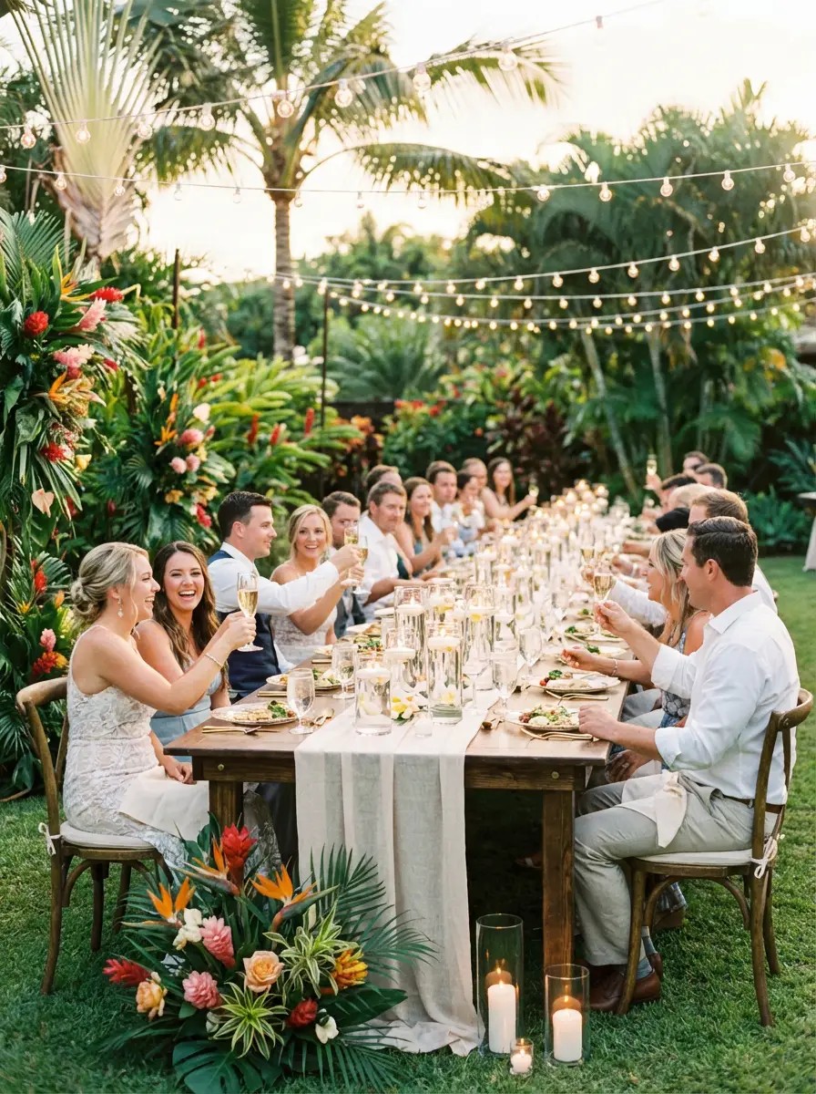 Intimate outdoor wedding reception with long farm table, string lights, and tropical garden in Maui
