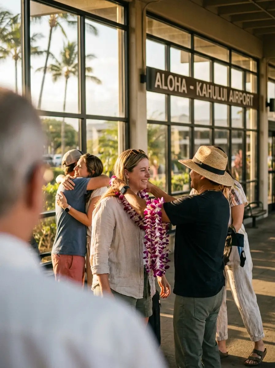 Wedding guests arriving at Kahului Airport Maui being greeted with fresh flower leis