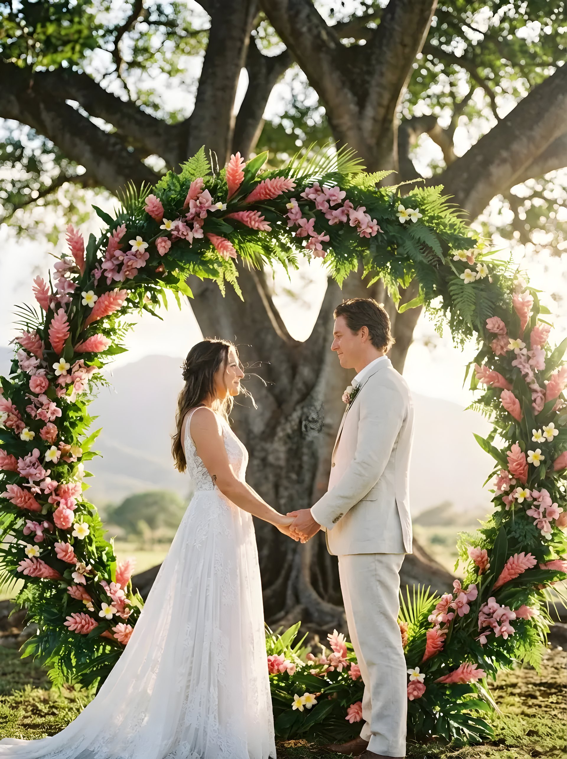 Circular floral arch ceremony installation on Maui