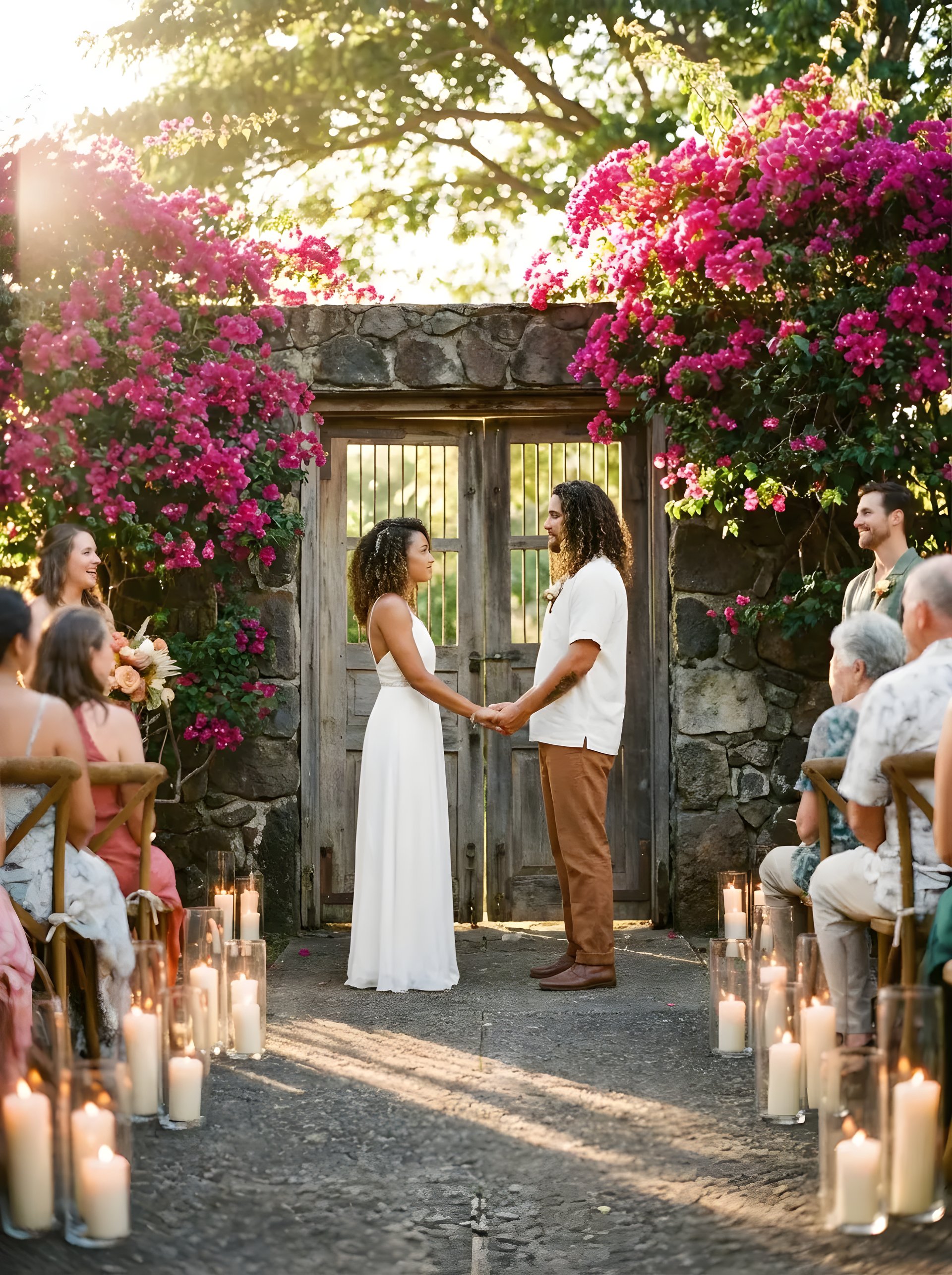 Candlelit evening reception beneath the monkeypod canopy at Haiku Mill