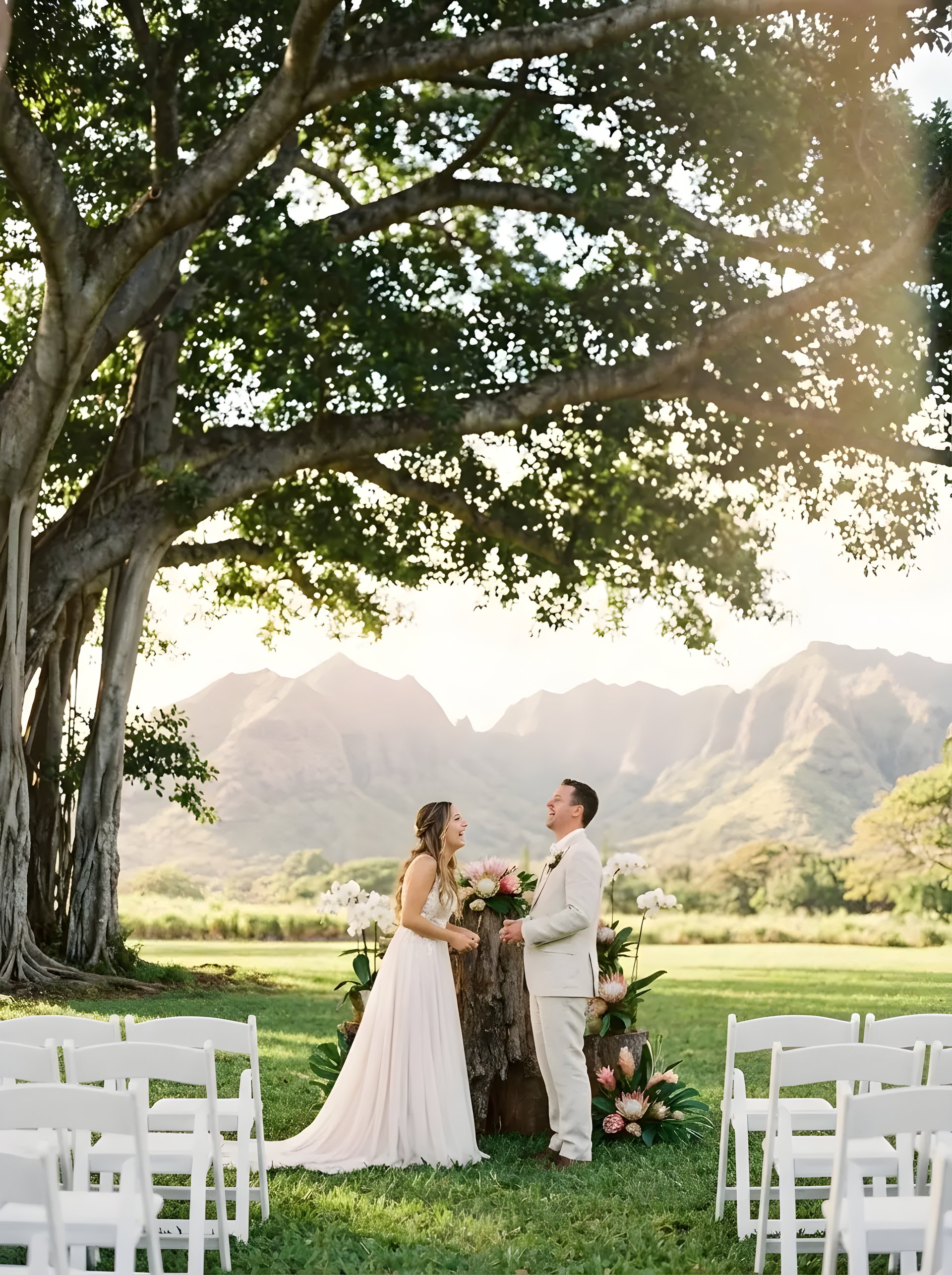 Ceremony on the Great Lawn beneath towering coconut palms at Olowalu