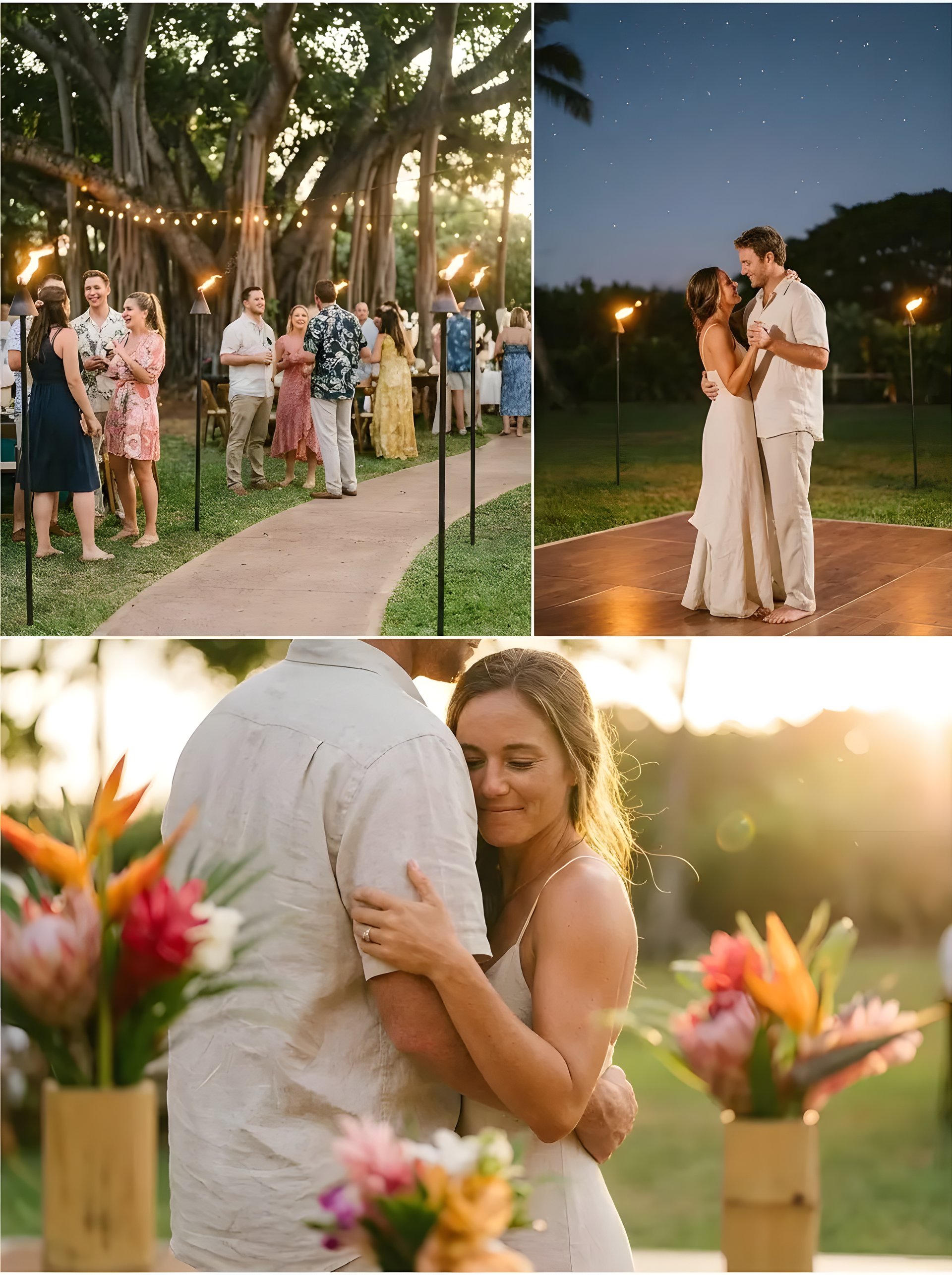 Tiki torch-lit evening reception under the stars at Olowalu Plantation House